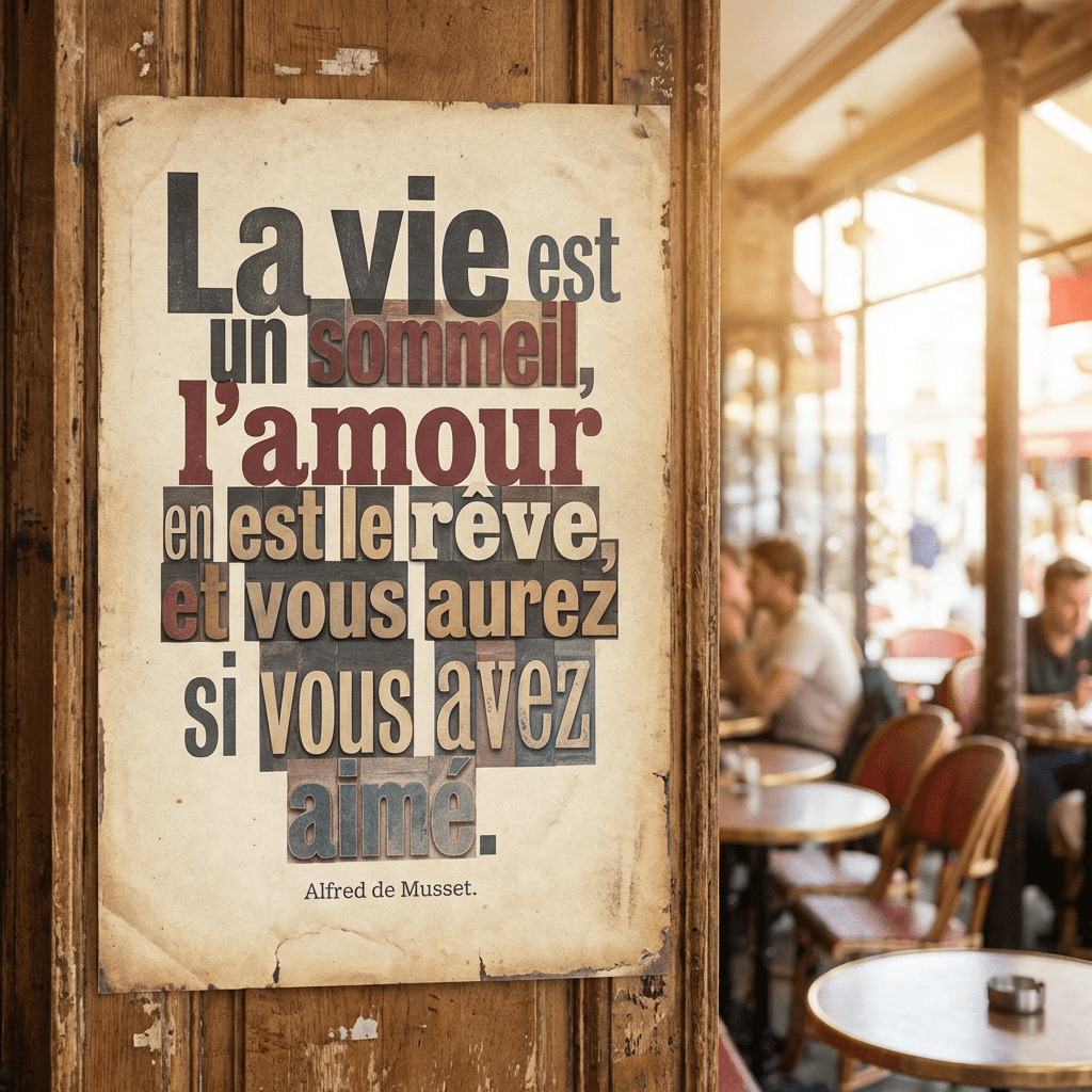 Vintage poster: "La vie est un sommeil, l'amour en est le rêve, et vous aurez si vous avez aimé. Alfred de Musset."