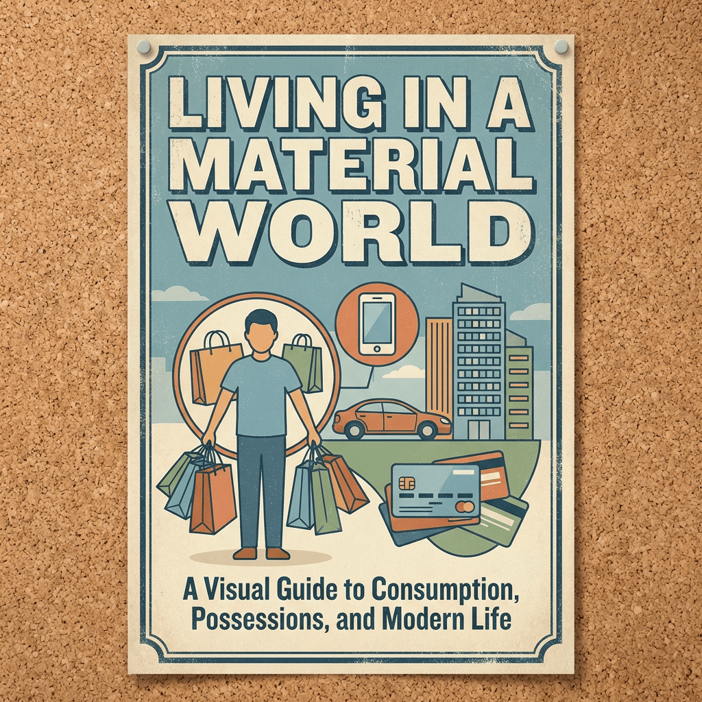 Poster titled Living In A Material World: A Visual Guide to Consumption, Possessions, and Modern Life.