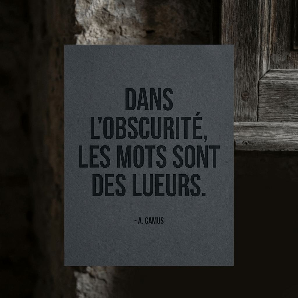 Text on a dark card: DANS L'OBSCURITÉ, LES MOTS SONT DES LUEURS. - A. CAMUS