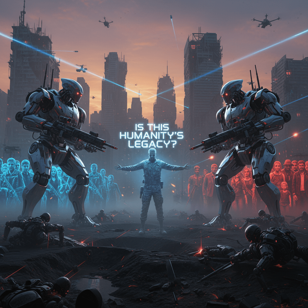 Two giant robots and a man with text: IS THIS HUMANITY'S LEGACY?
