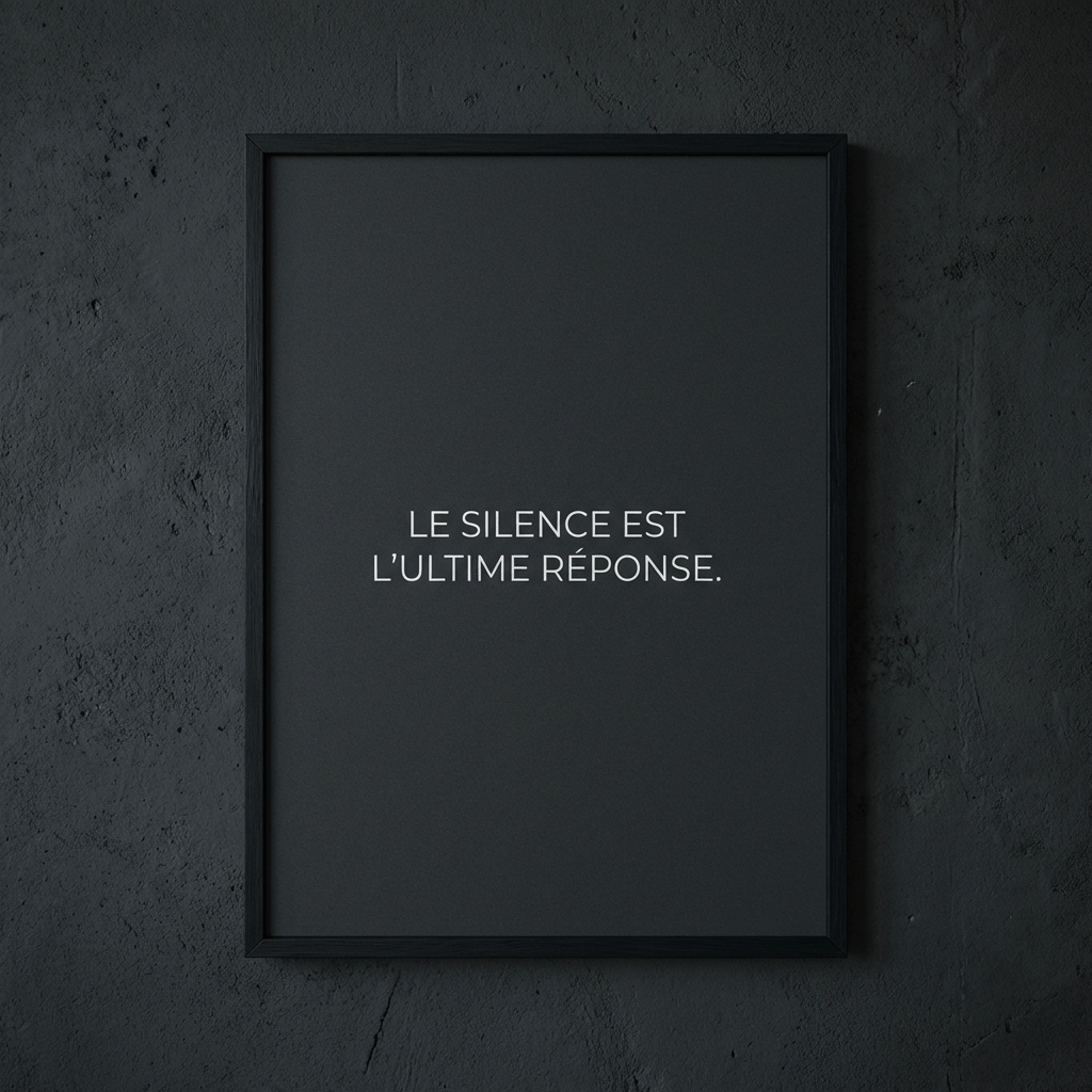 Black framed poster with the French text LE SILENCE EST L'ULTIME RÉPONSE.