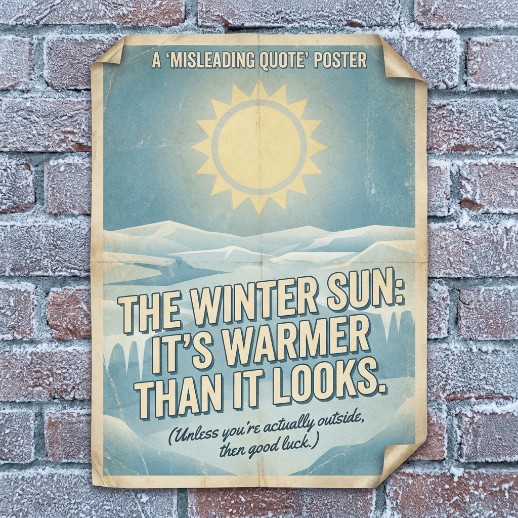 Poster text: A 'MISLEADING QUOTE' POSTER. THE WINTER SUN: IT'S WARMER THAN IT LOOKS. (Unless you're actually outside, then good luck.)