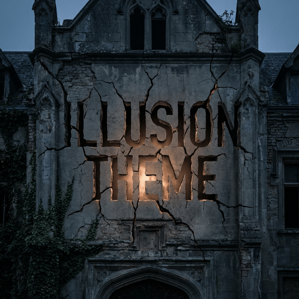 The text ILLUSION THEME cut into the cracked stone wall of a gothic building.