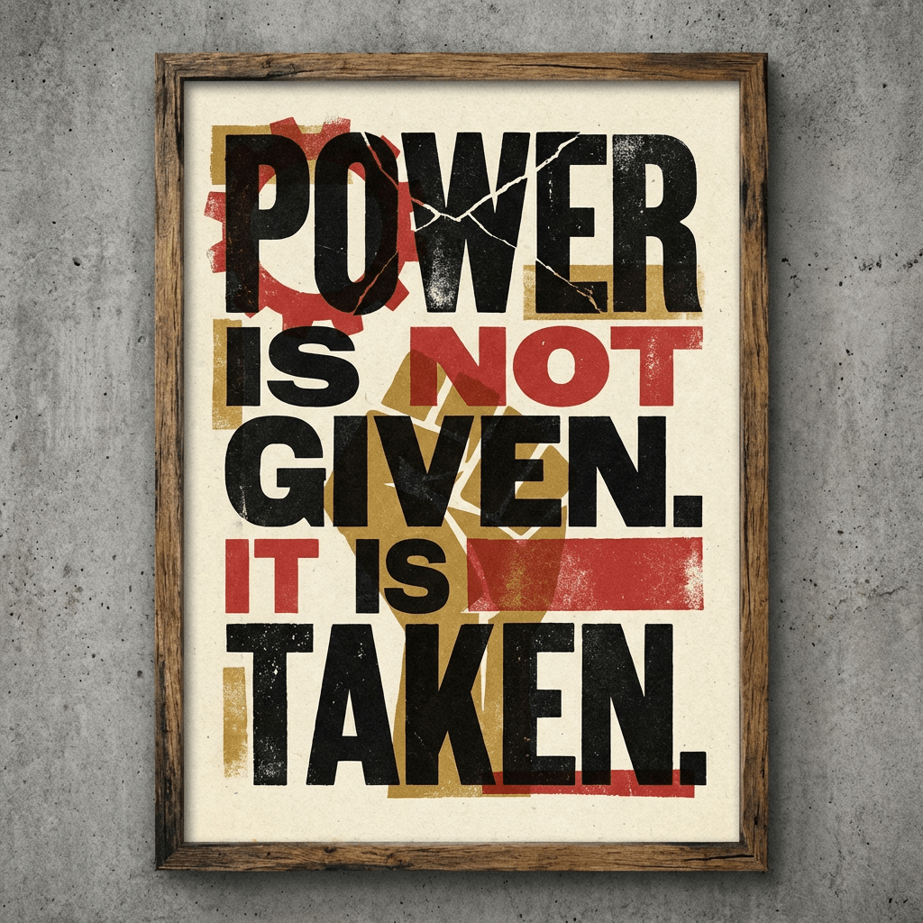 Framed poster with the text POWER IS NOT GIVEN. IT IS TAKEN.