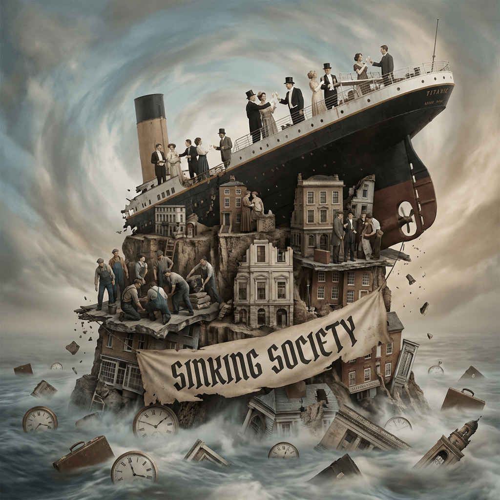 Surreal collage featuring the Titanic and brick buildings with the text SINKING SOCIETY.