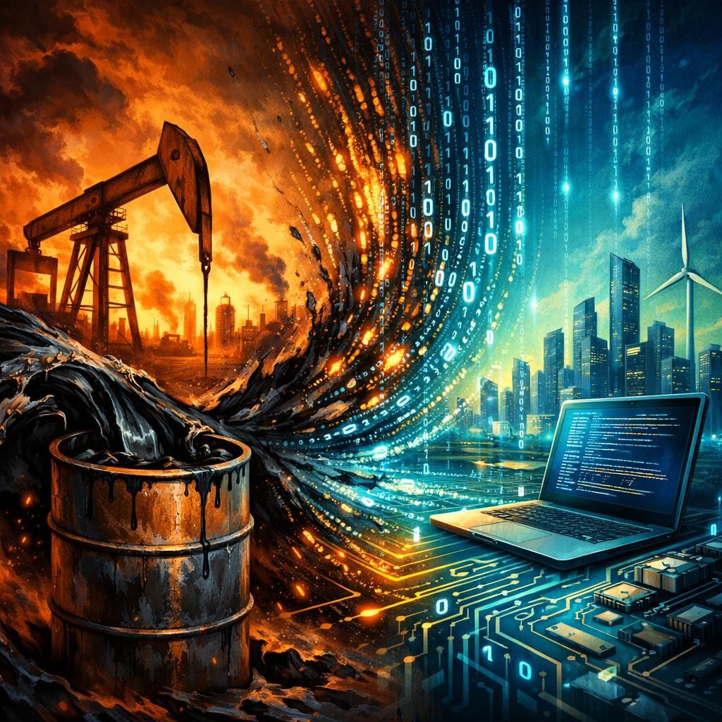 Digital wave linking oil extraction to renewable energy and coding on laptop