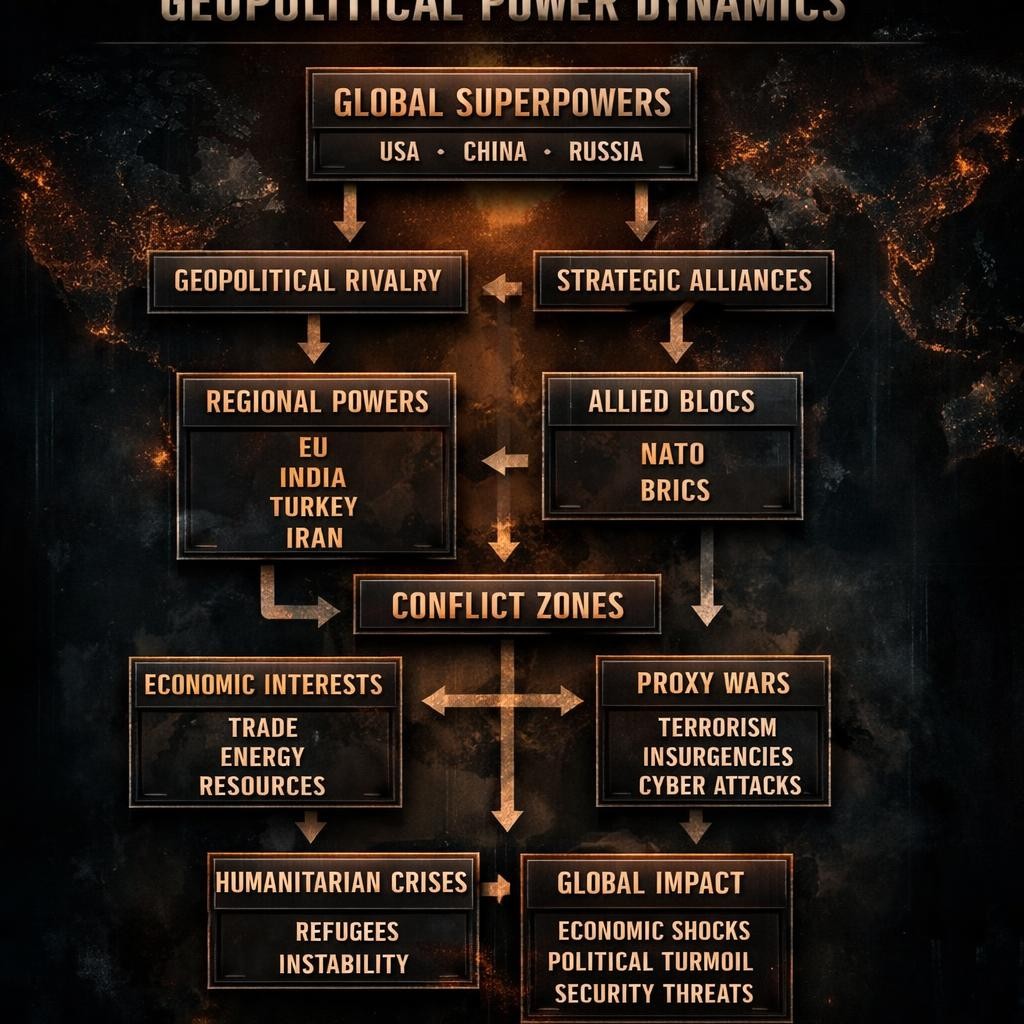 Flowchart showing geopolitical power dynamics from global superpowers to conflict zones and global impact