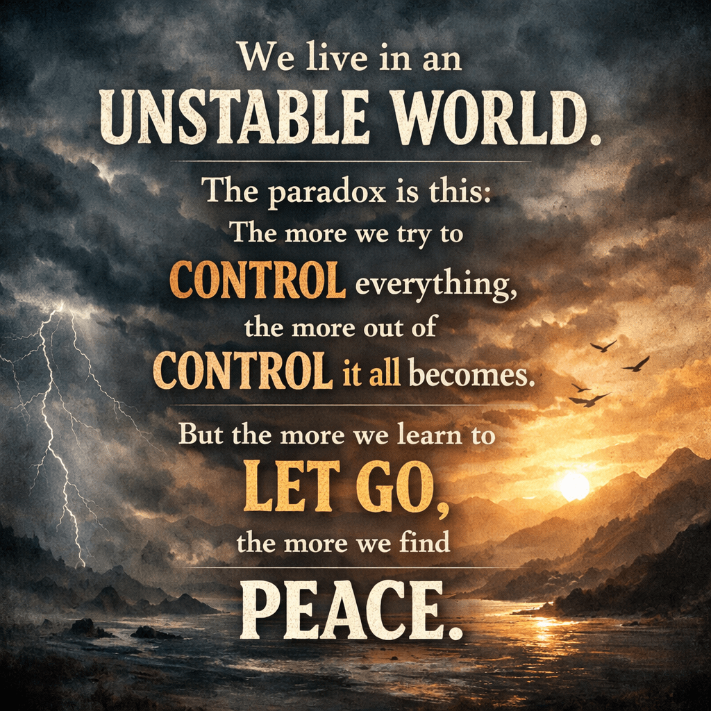Quote about control, letting go, and finding peace with storm clouds, lightning, and sunset over water