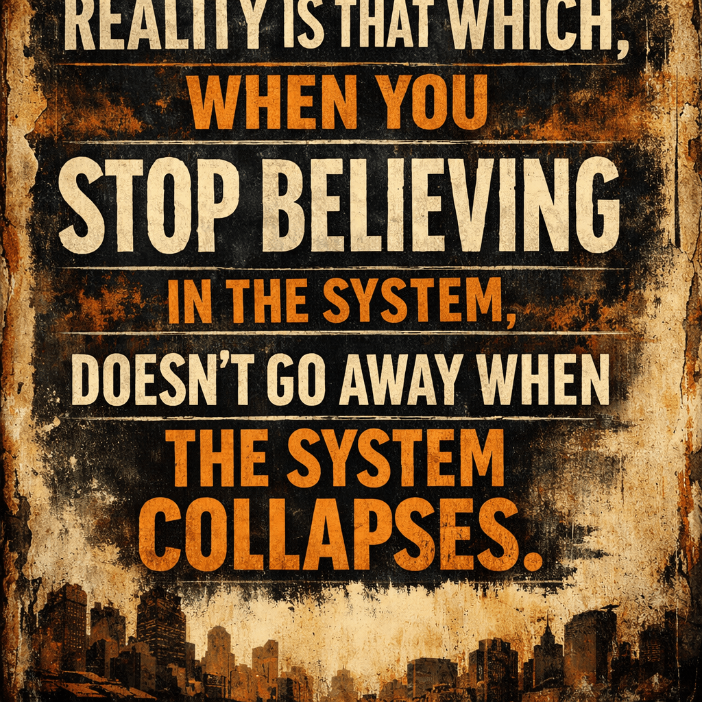 Quote stating reality persists despite losing belief in the system and system collapse