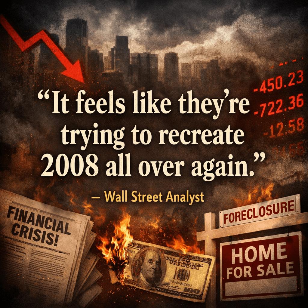 Quote about recreating 2008 financial crisis with falling market numbers, burning money, foreclosure sign, and financial crisis newspaper