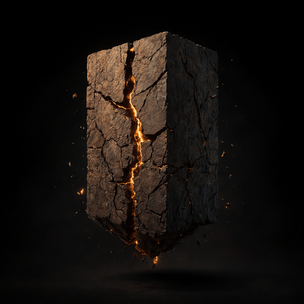 Floating dark volcanic rock block with glowing orange cracks and small debris falling