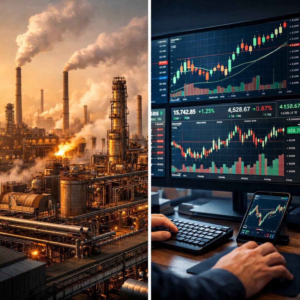 Industrial factory emitting smoke contrasted with stock market graphs on computer screens