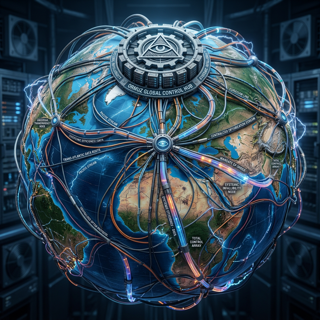 Digital globe with labeled data routes and central control hub with all-seeing eye symbol