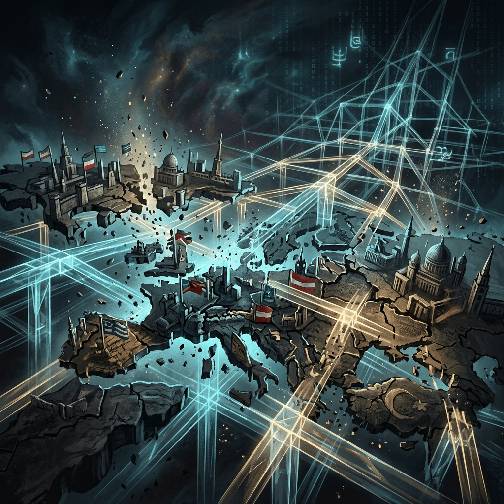 Fragmented map of Europe with national landmarks and flags connected by glowing digital grid lines