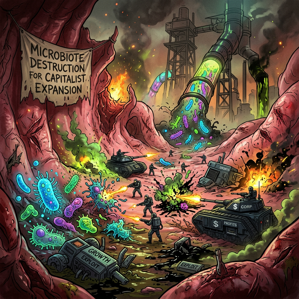 Cartoon of tanks and soldiers attacking colorful microbes inside an organic environment with a sign reading 'Microbiote Destruction For Capitalist Expansion'