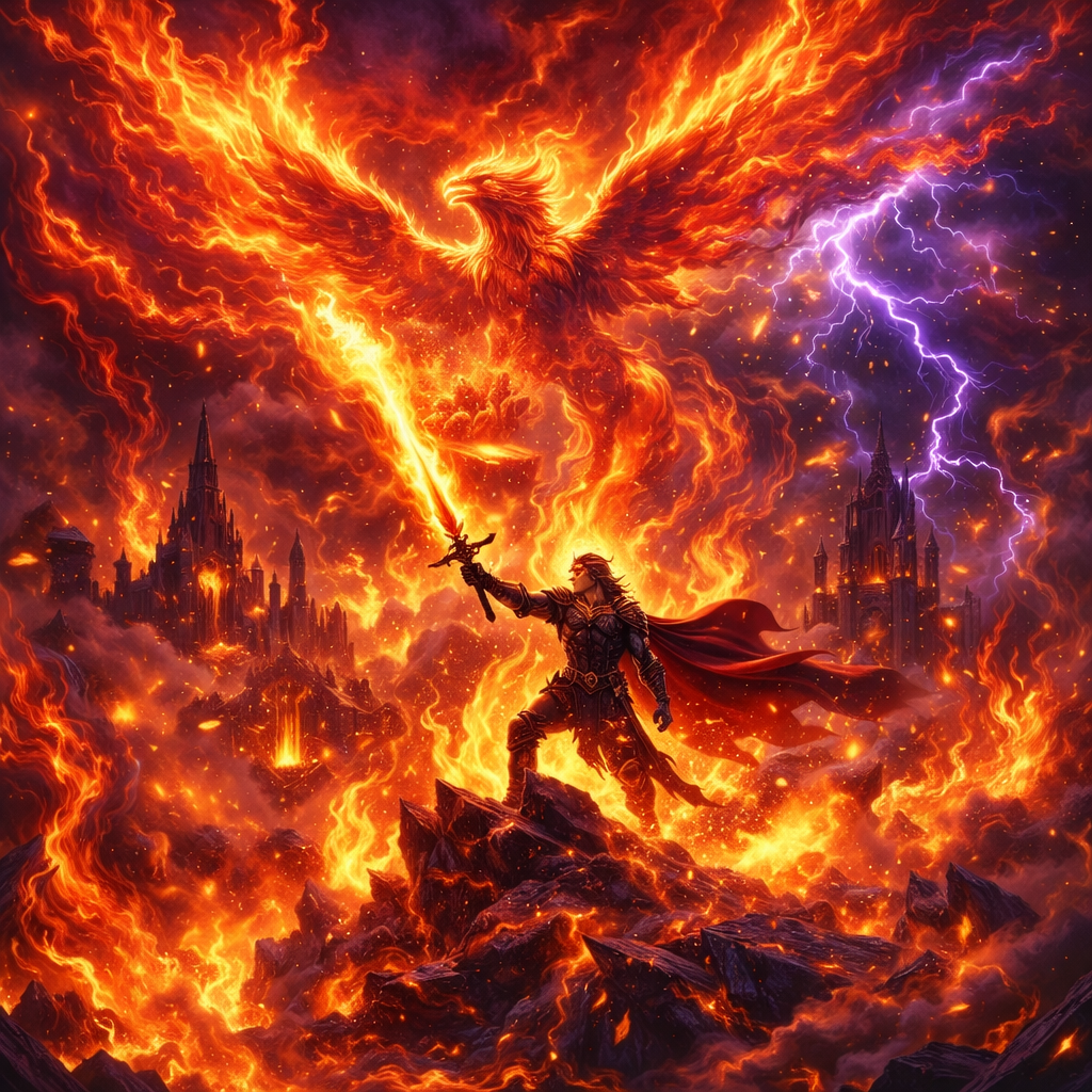 Warrior with flaming sword facing a giant phoenix made of fire