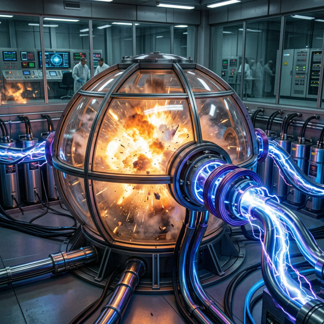 Spherical glass containment unit with internal explosion and connected metal cables emitting electric sparks in a lab