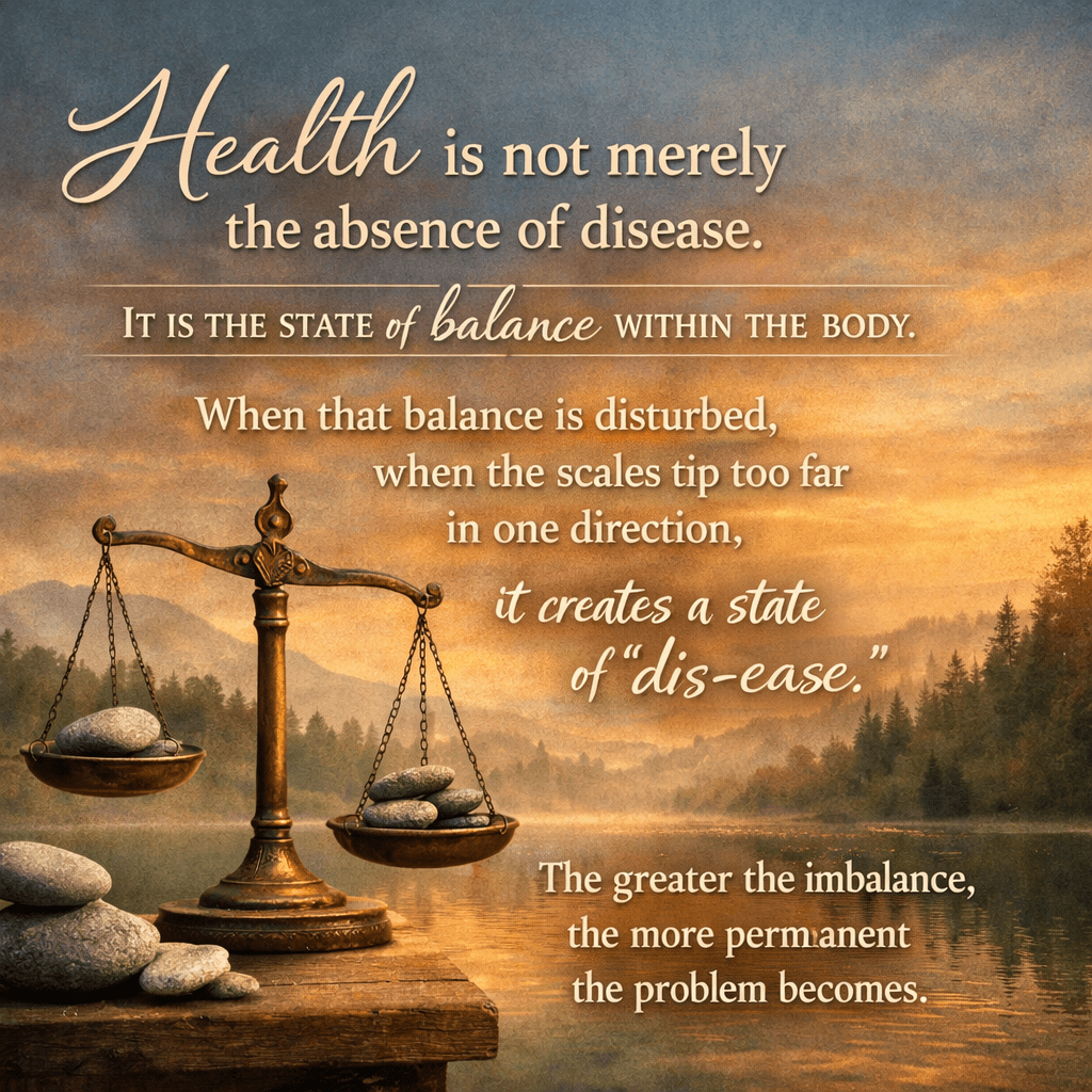 Antique balance scales with stones on each side near a calm lake with forest and mountains at sunset