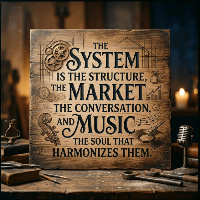 Wooden plaque with quote about system, market, conversation, and music harmonizing