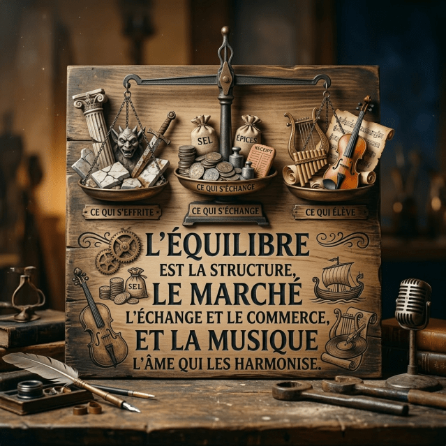 Wooden balance scale with items representing decay, trade, and music and French text about equilibrium and harmony