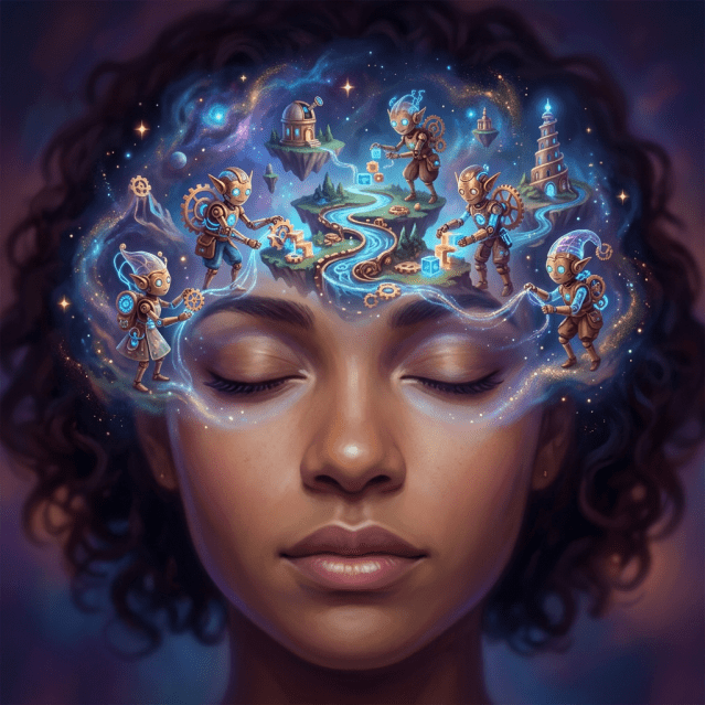 Illustration of a person with closed eyes and tiny robotic figures working on a glowing landscape above the forehead
