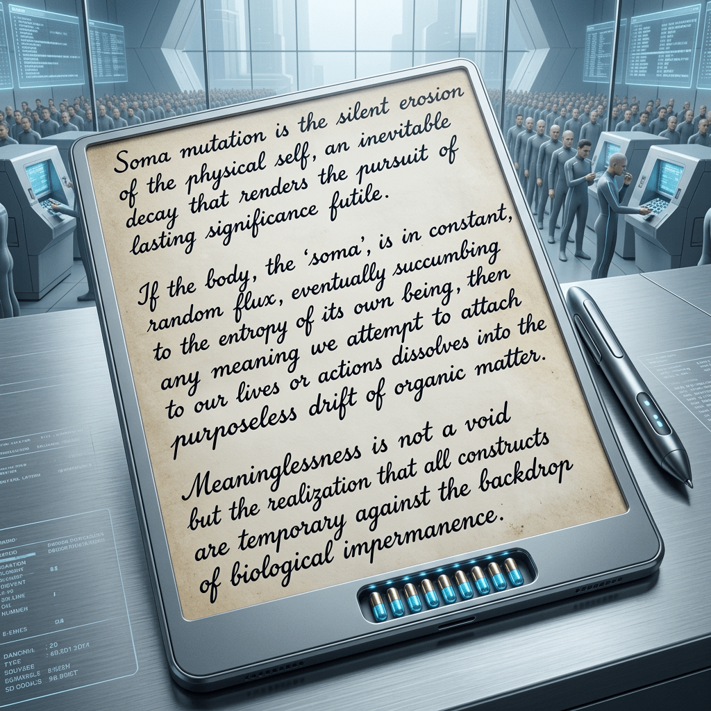 Open notebook displaying handwritten text about soma mutation and biological impermanence beside a vintage pen on a wooden surface