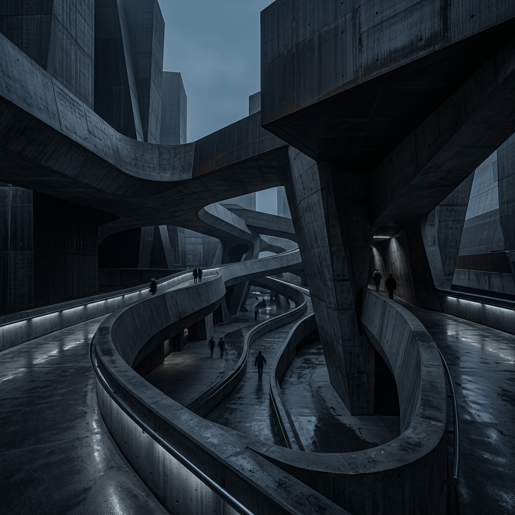 Multiple curved concrete walkways intertwining in an urban environment with people walking under overcast sky