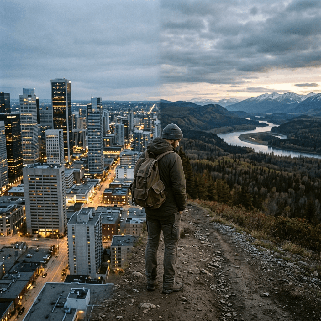 Person on dirt trail between city skyline and mountain river valley landscapes