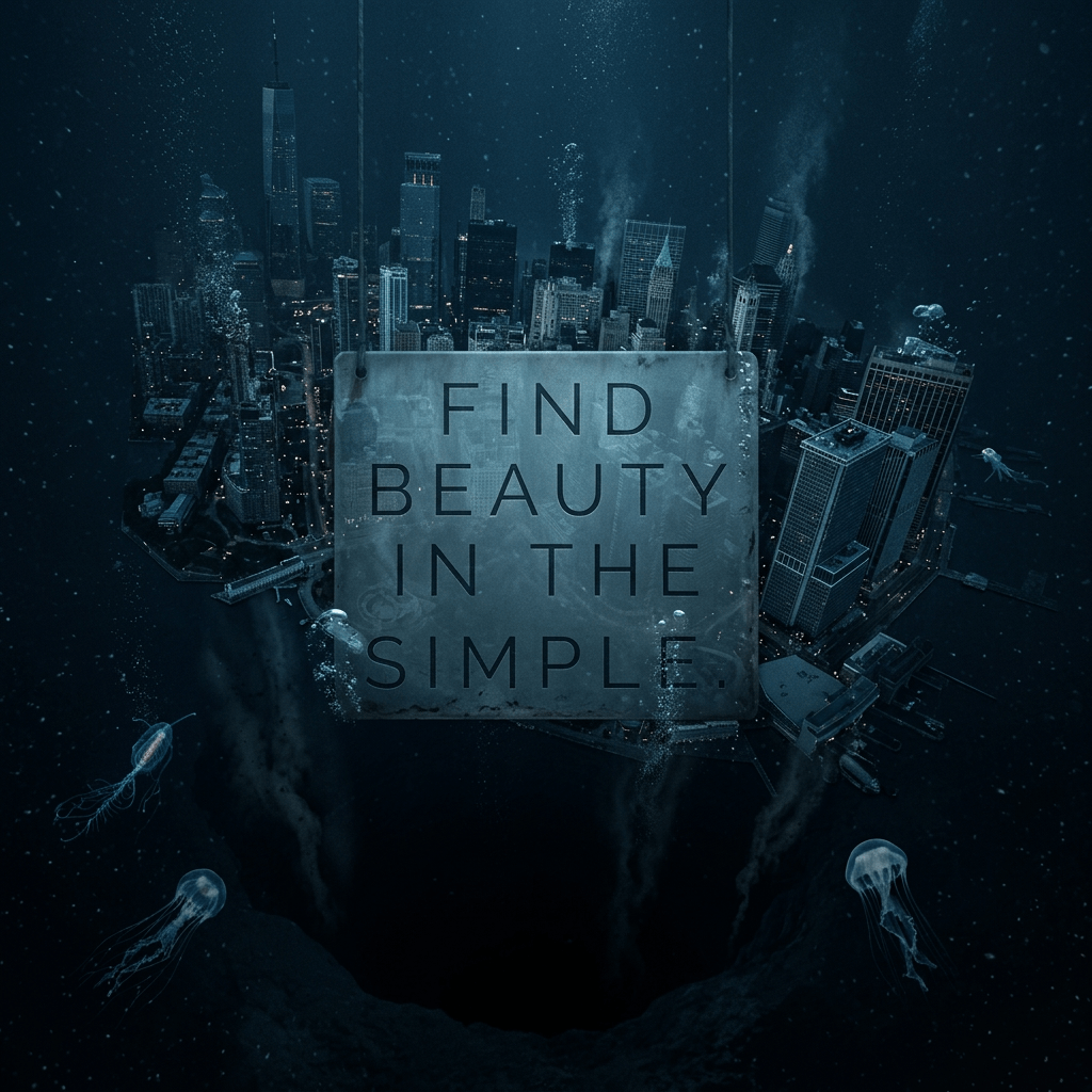 City slowly sinking into dark ocean abyss