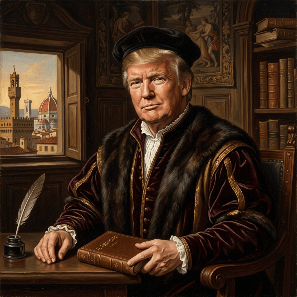 Man in Renaissance clothing holding the book 'Il Principe' in a study with window view of Florence