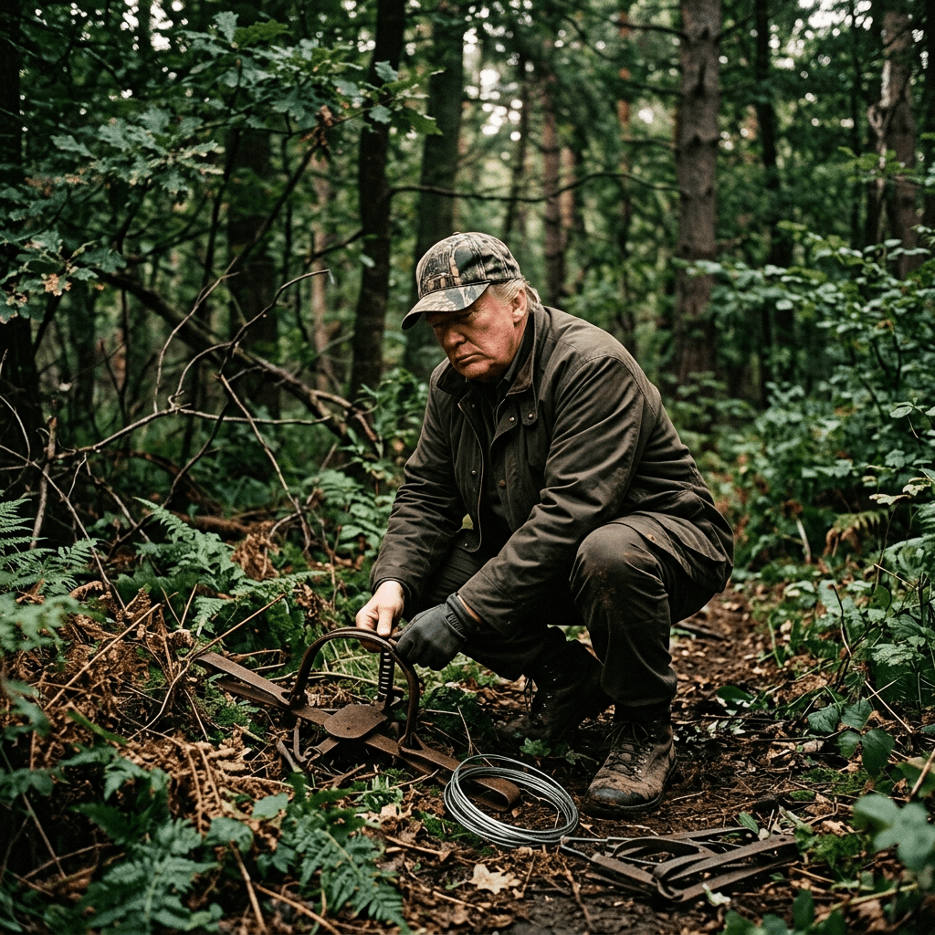 Trump as poacher setting traps in forest