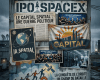 Mural with headlines and images about space political conflict, national security, and AI space technologies.