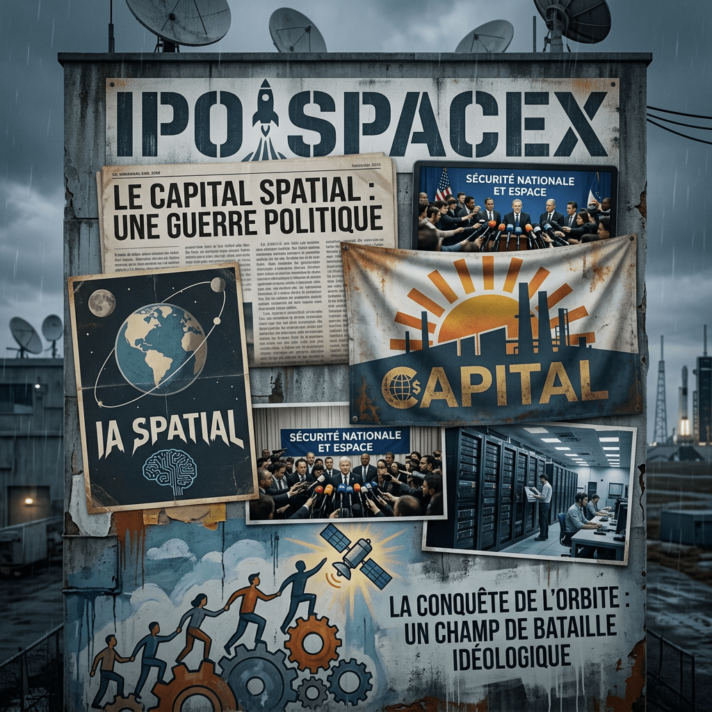Mural with headlines and images about space political conflict, national security, and AI space technologies.