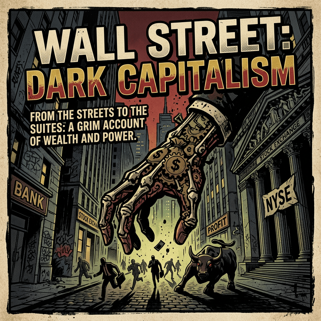 Robotic hand with dollar signs reaching over Wall Street buildings and fleeing people