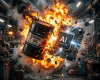 Explosion between a crude oil barrel labeled 42 gallons and an AI quantum core computer chip with sparks and debris flying