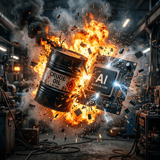 Explosion between a crude oil barrel labeled 42 gallons and an AI quantum core computer chip with sparks and debris flying