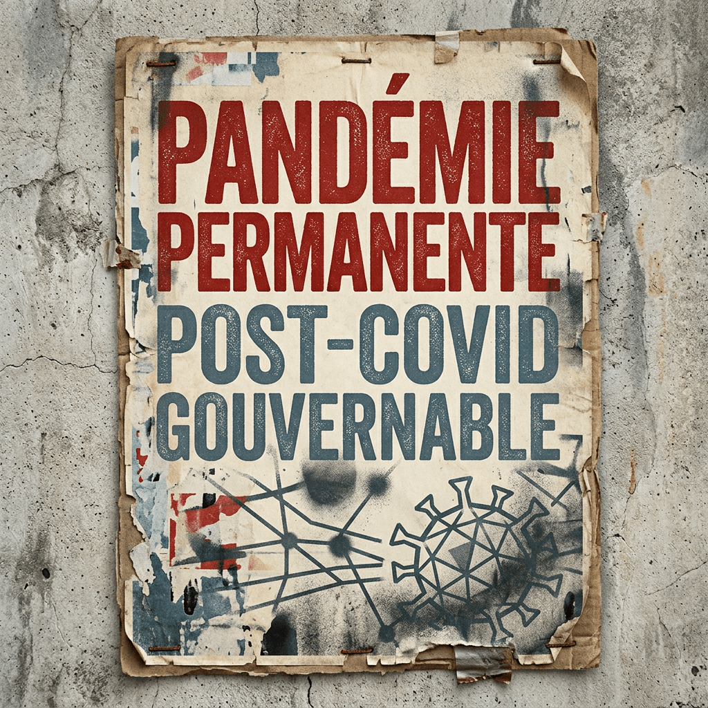 Poster with bold text 'Pandémie Permanente Post-Covid Gouvernable' and virus graphic