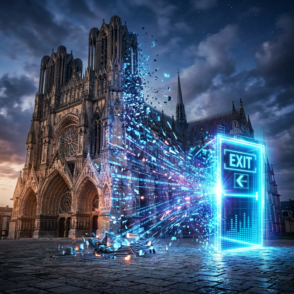 Historic cathedral with a digital exit door made of blue light pixels