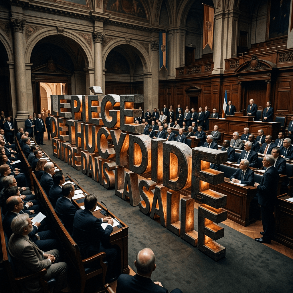 A legislative chamber with officials seated around a large lit sculpture of French text