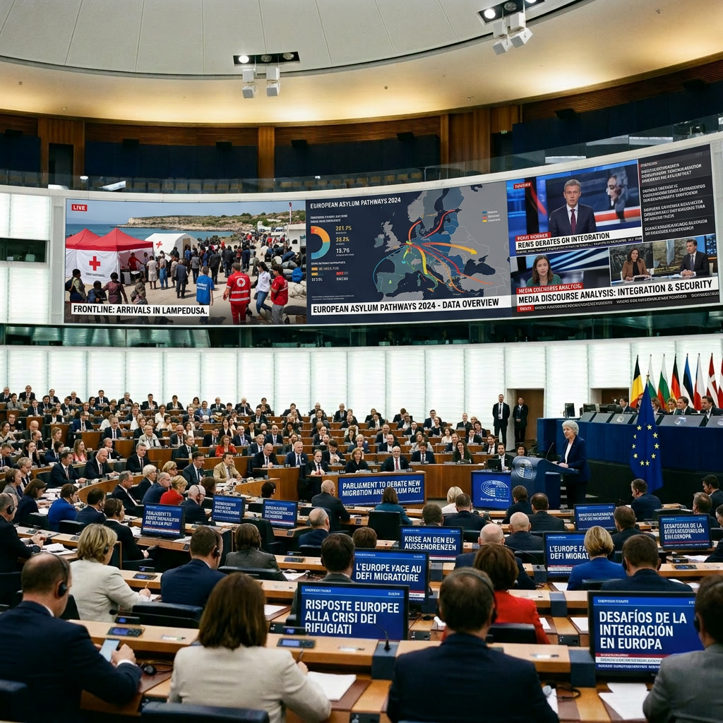 European Parliament session with members debating migration and asylum issues, large screens showing asylum data and news footage.