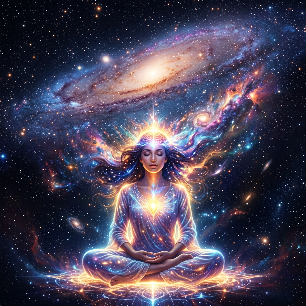 Meditating woman with glowing aura and galaxies swirling around her