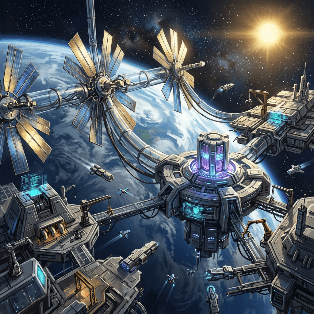Futuristic space station orbiting Earth with modules, solar panels, and spacecraft.