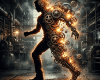 Silhouette of a person merging into mechanical body with glowing gears and sparks
