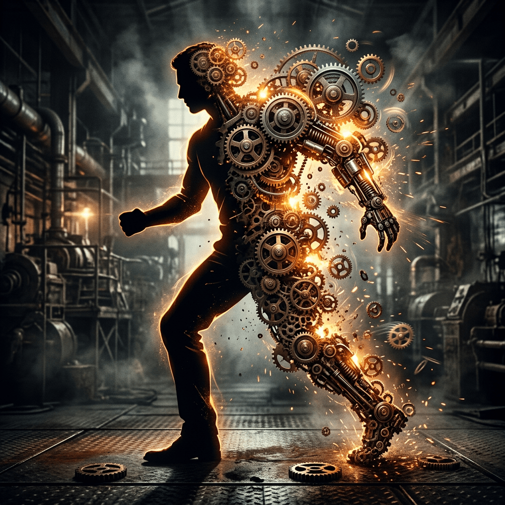 Silhouette of a person merging into mechanical body with glowing gears and sparks