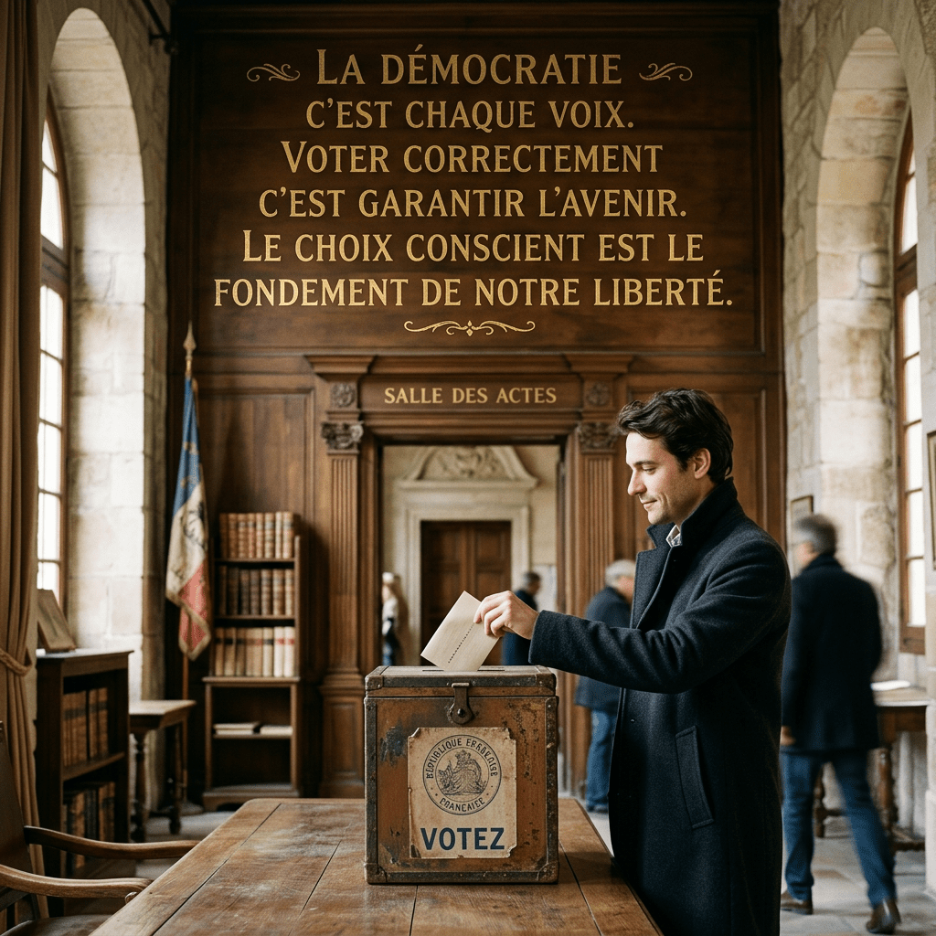 Man placing ballot in vintage French voting box inside historic room