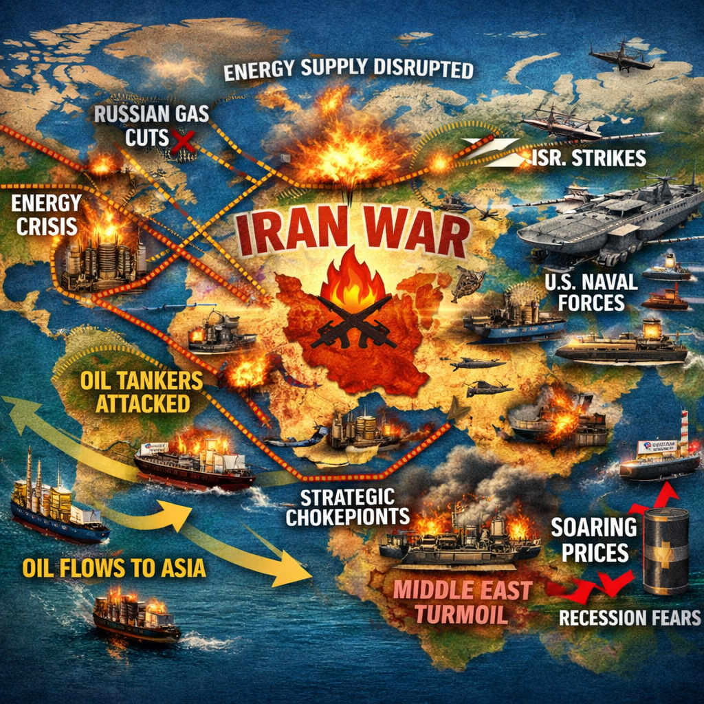 Map depicting Iran war with energy disruptions, naval forces, oil tanker attacks, and soaring prices