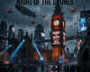 Big Ben tower with red warning signs, drones in sky, armed soldiers, armored vehicles, and dark rainy city streets