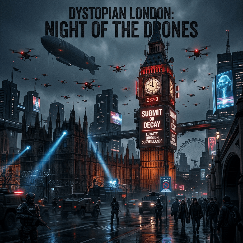 Big Ben tower with red warning signs, drones in sky, armed soldiers, armored vehicles, and dark rainy city streets