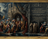 Medieval scene with masked figures and children symbolizing justice, intolerance, and exclusion