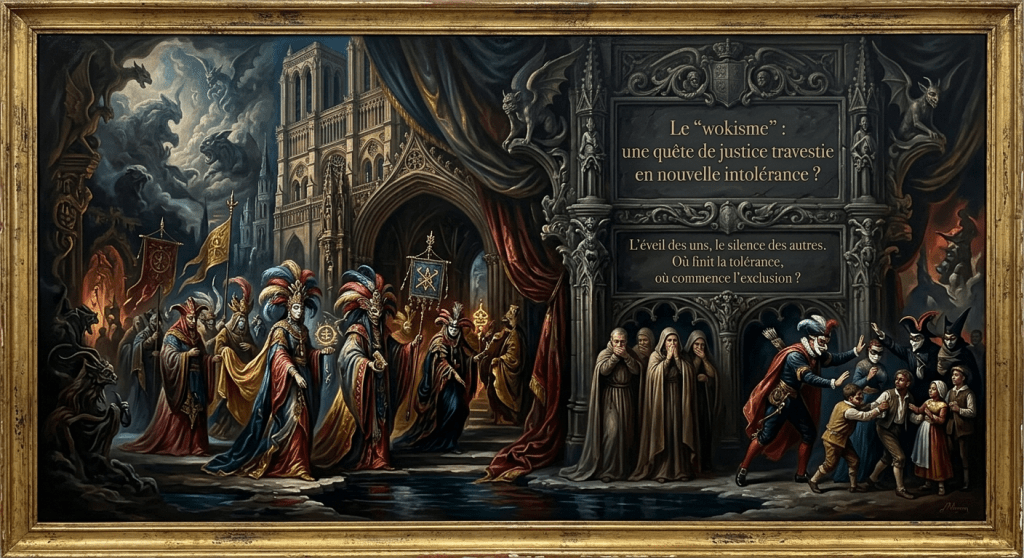 Medieval scene with masked figures and children symbolizing justice, intolerance, and exclusion